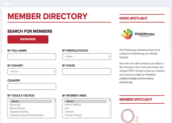 Soapbox Directories search form for membership directories example