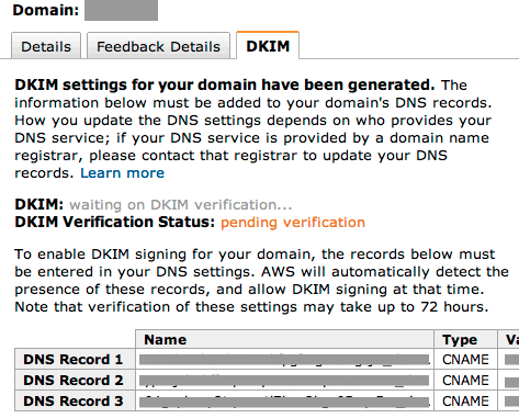Amazon SES DKIM configuration