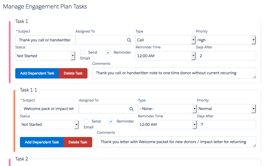 Salesforce Nonprofit Success Pack Engagement Plan Template: Create Tasks