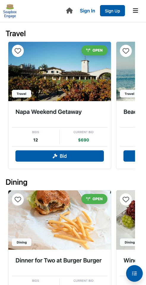 An example mobile bidding view for the Soapbox Engage Auctions app