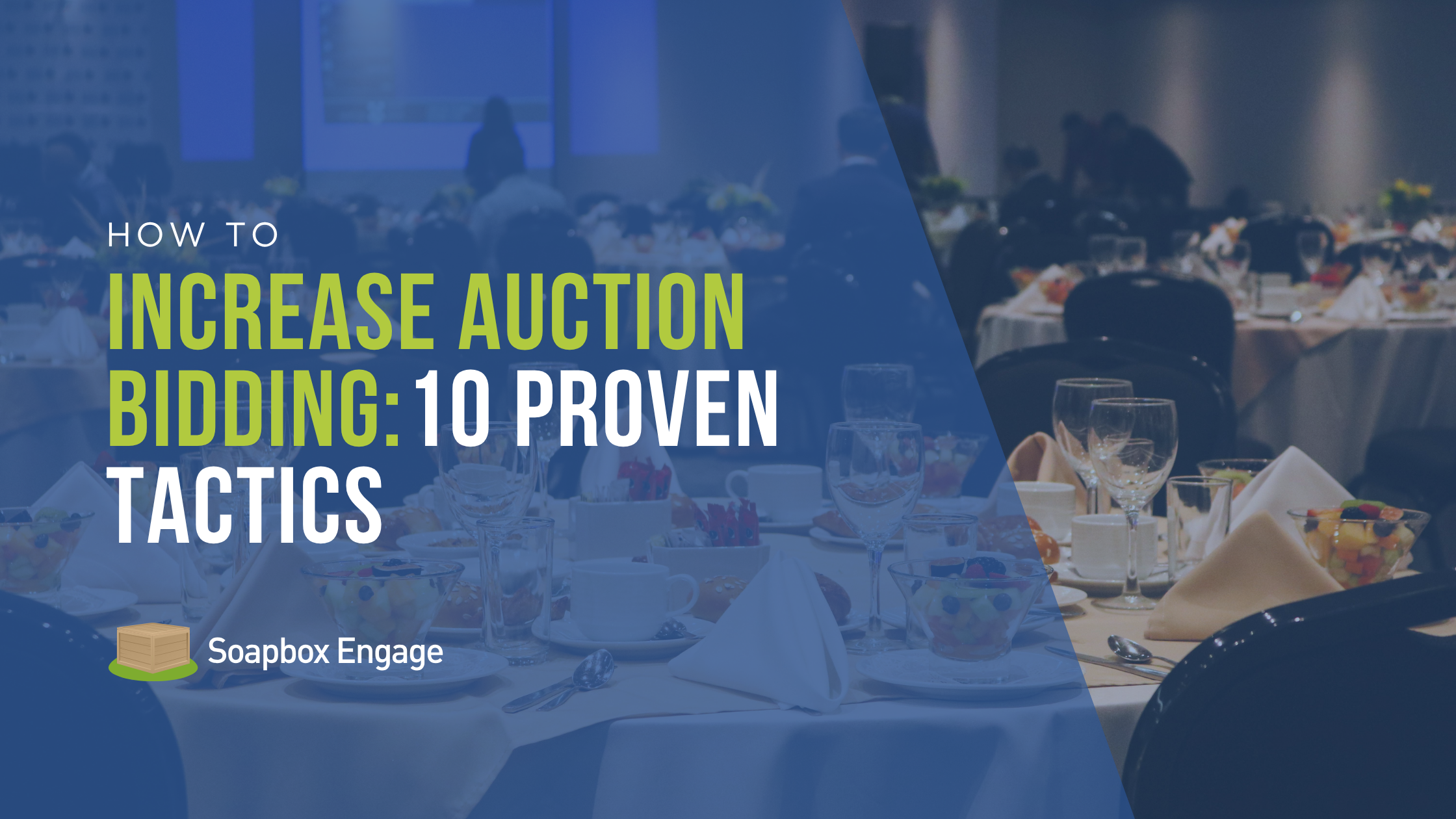 Nonprofit auction event with guests bidding on mobile devices at tables