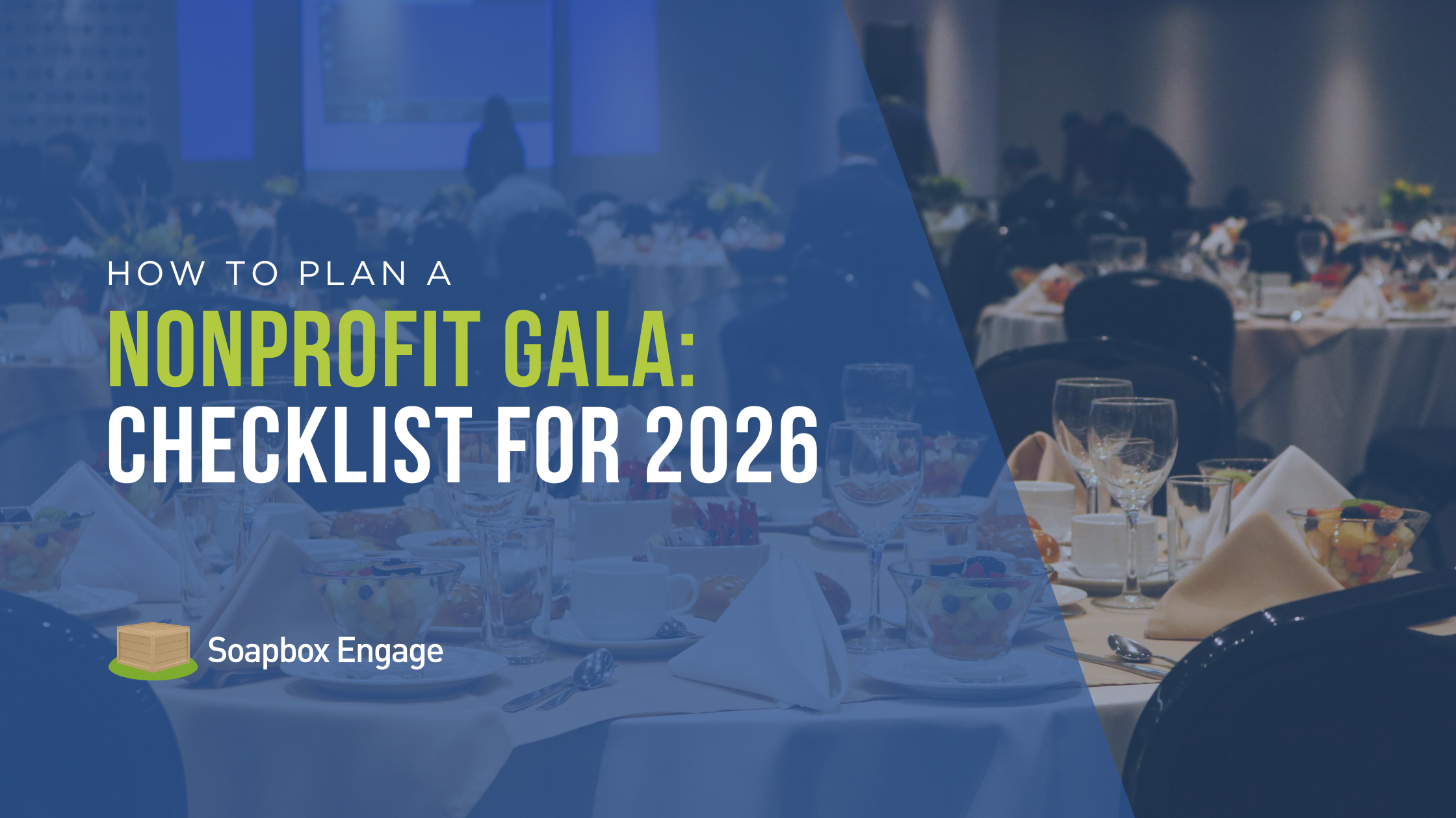 Nonprofit gala event setup with round tables, centerpieces, and stage lighting