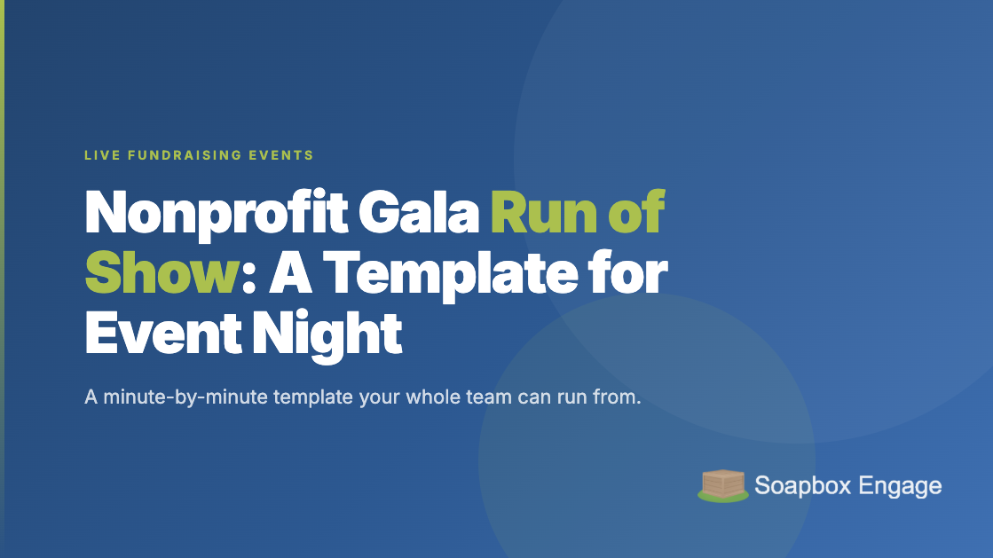 Title card reading 'Nonprofit Gala Run of Show: A Template for Event Night' with the subtitle 'A minute-by-minute template your whole team can run from.'