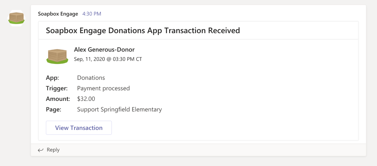 Microsoft Teams donation notifications for online fundraising